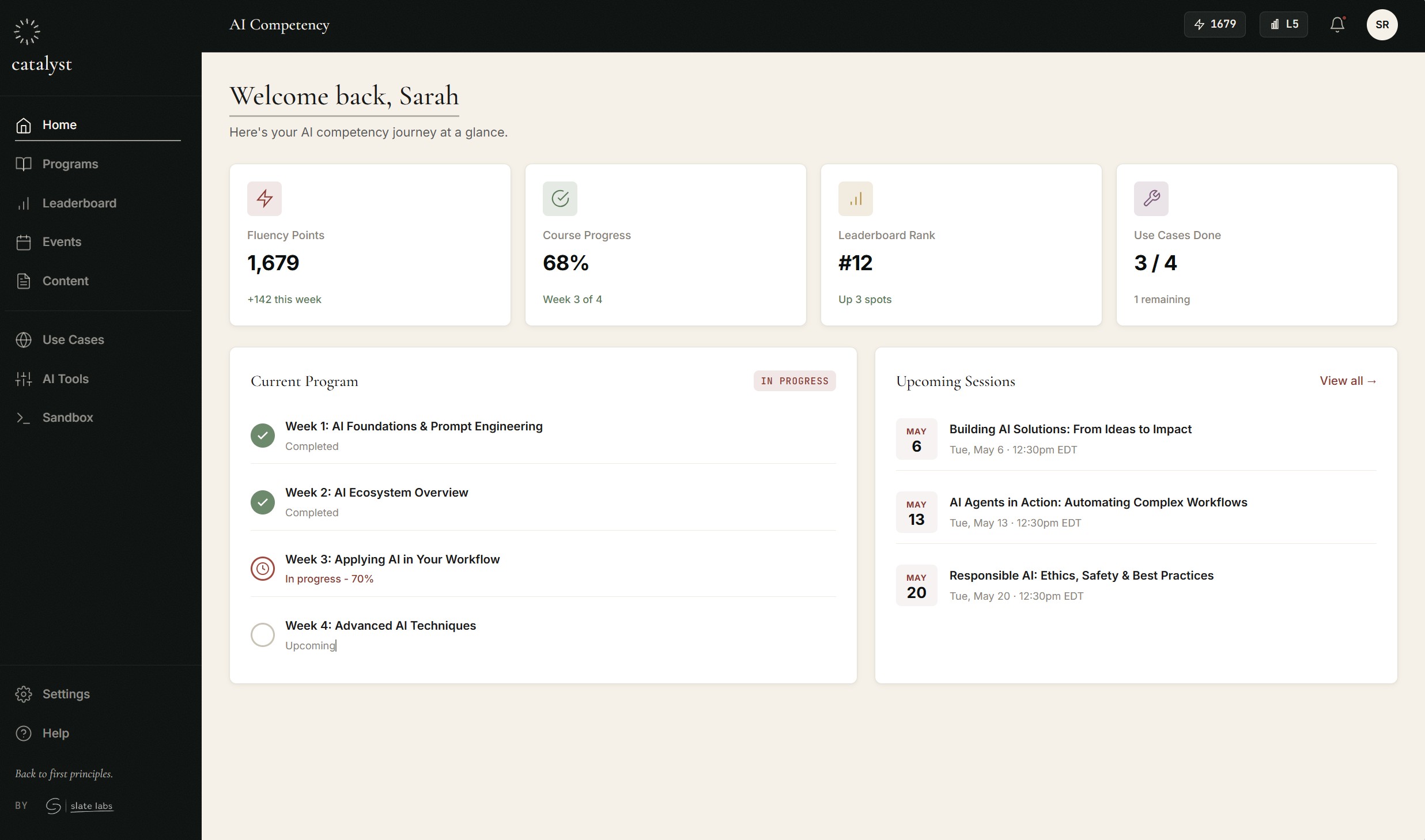 Catalyst dashboard showing program progress, weekly modules, leaderboard, and upcoming sessions