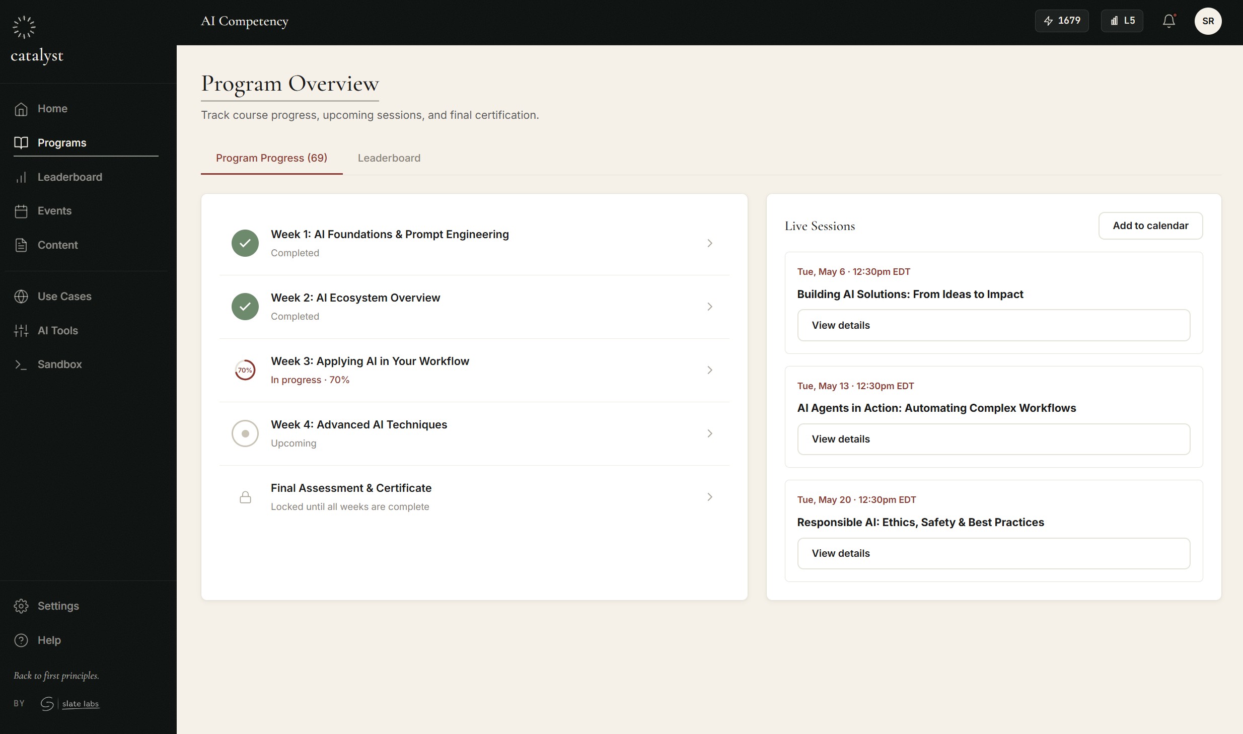 Programs page showing weekly curriculum progress and live sessions for the AI competency program