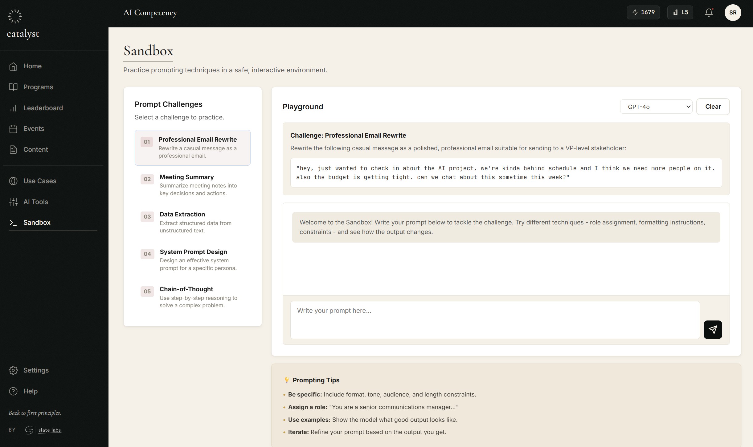Catalyst sandbox showing GPT-4 prompt practice with coach feedback, prompt level scoring, and a level breakdown across relevance, feasibility, and specificity